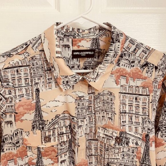 KARL LAGERFELD PARIS Size Large Paris PRINT SHIRT ROLL UP SLEEVE - Picture 3 of 13